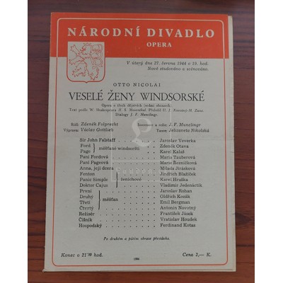 Nicolai - Veselé ženy windsorské (divadelní program Národního divadla 1944)...